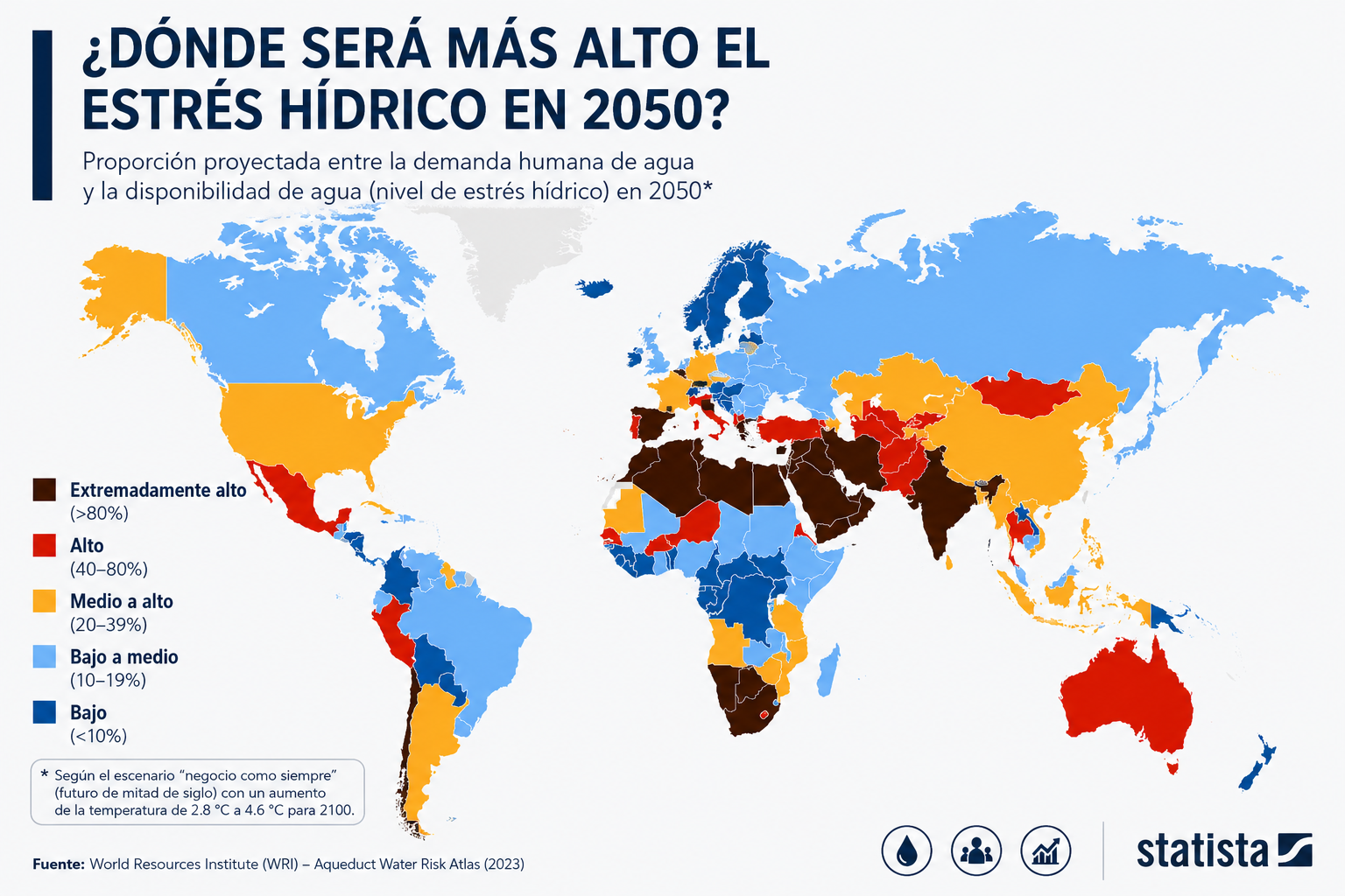 Mapa global que muestra los países en los cuales habrá un mayor estrés hídrico para el año 2050